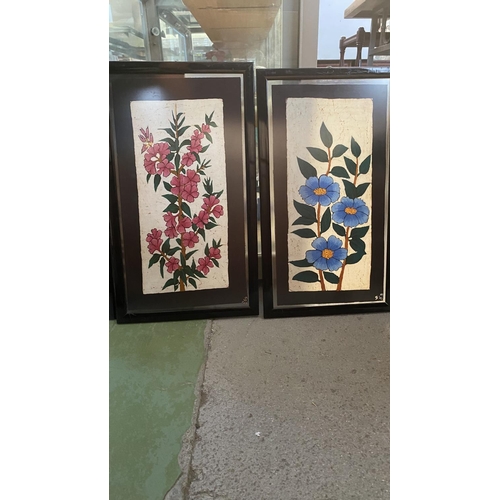 555 - x3 Two Sided Silk Batik Hand Painted Artworks in Frame (x1 Front Glass Crack on x1 Side)