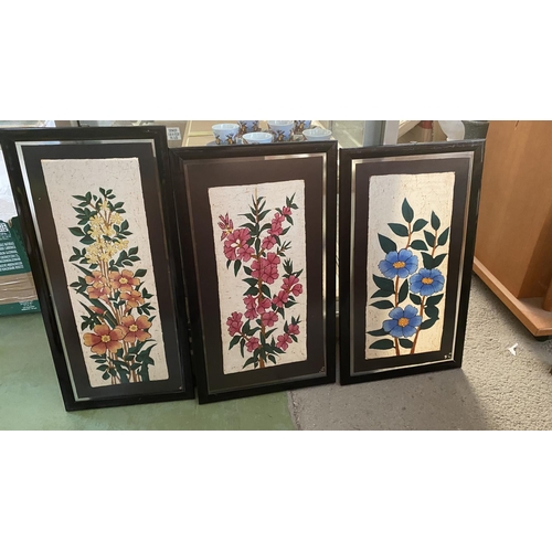 555 - x3 Two Sided Silk Batik Hand Painted Artworks in Frame (x1 Front Glass Crack on x1 Side)