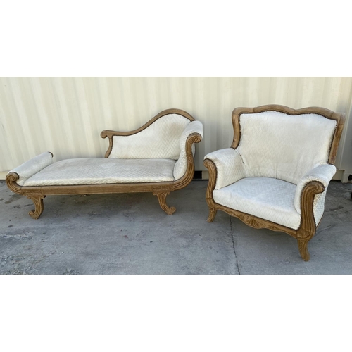 565 - Carved Wood Framed Upholstered Chaise Long (Kleopatra Sofa) Together with Large Matching Armchair (A... 