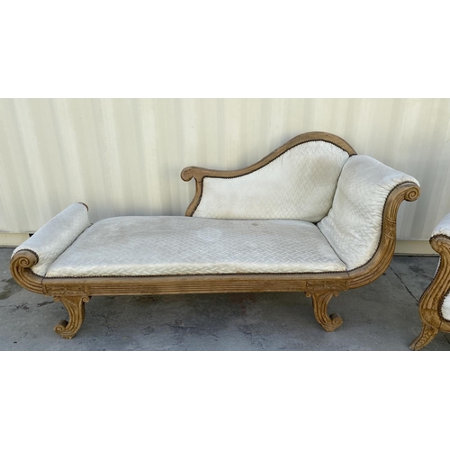 565 - Carved Wood Framed Upholstered Chaise Long (Kleopatra Sofa) Together with Large Matching Armchair (A... 