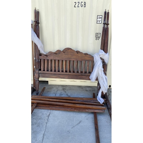 609 - Antique Style Double Solid Wood Poster Bed with Carvings (A/F - Needs Attention)