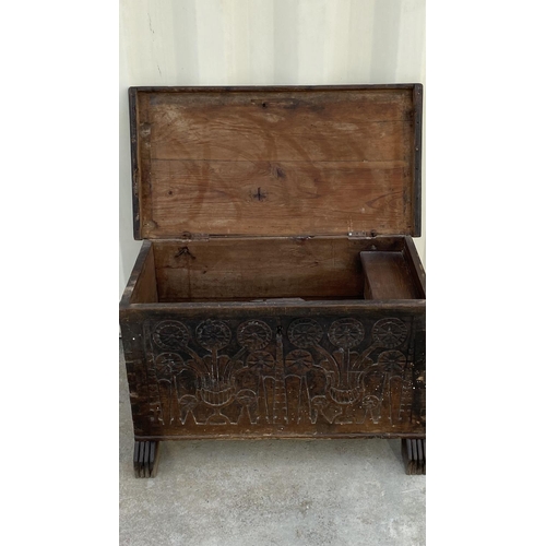 15 - Very Old From 18th Century Carved Wood Trunk Made in Lapithos (83 W. x 43 D. x 51cm H.)