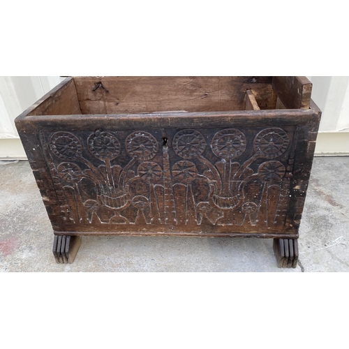 15 - Very Old From 18th Century Carved Wood Trunk Made in Lapithos (83 W. x 43 D. x 51cm H.)