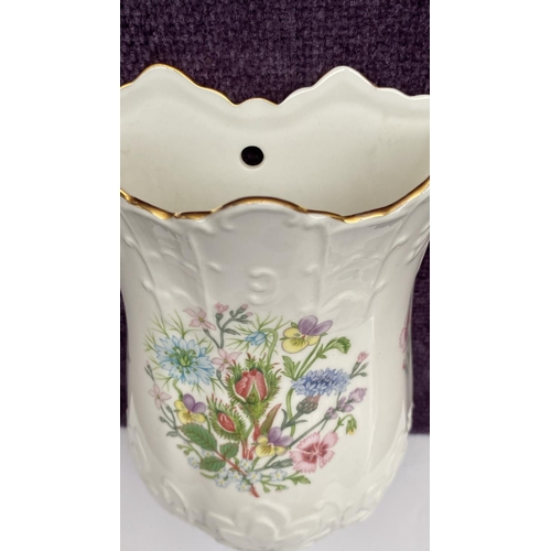 55 - Aynsley White Tudor Fine Bone China Wall Pocket Vase Marked & Stamped Painted with Garden Flowers