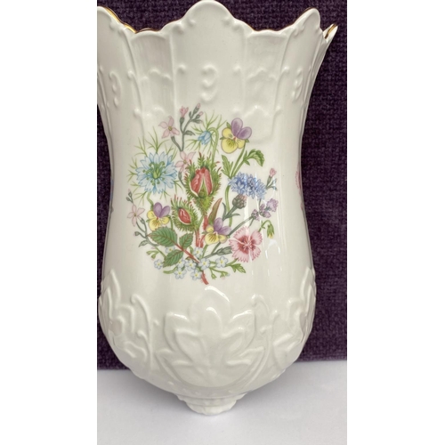 55 - Aynsley White Tudor Fine Bone China Wall Pocket Vase Marked & Stamped Painted with Garden Flowers