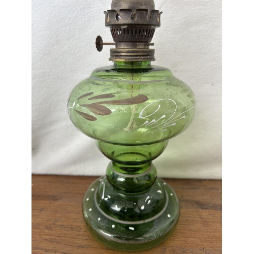 20 - Hand Painted Green Glass Oil Lamp (47cm H.)