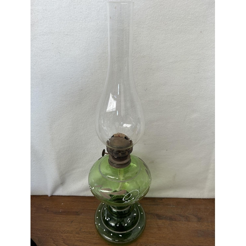 20 - Hand Painted Green Glass Oil Lamp (47cm H.)