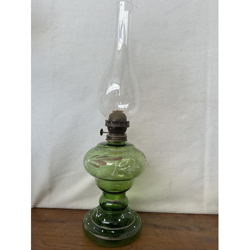 20 - Hand Painted Green Glass Oil Lamp (47cm H.)