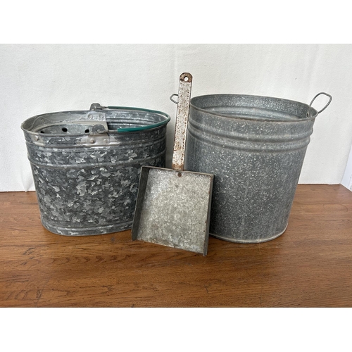 36 - Old Cyprus Galvanized Mop Bucket, Iron Dustpan and Large Bucket