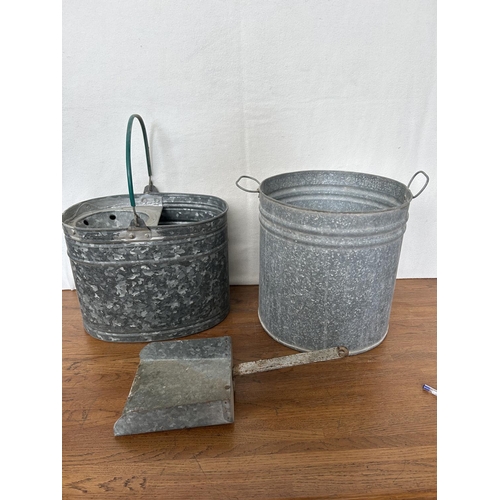 36 - Old Cyprus Galvanized Mop Bucket, Iron Dustpan and Large Bucket