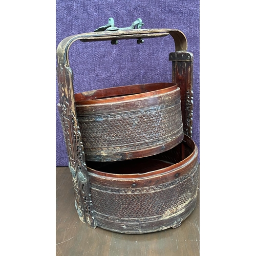 341 - Vintage Asian Chinese Cane Wedding Basket with 2 Stacking Compartments and Carry Handle (30cm Diamet... 