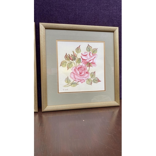 76 - x2 Original Unique Water Color Paintings Depicting Roses with Lovely Golden Frame Signed 'Vi Lyons' ... 