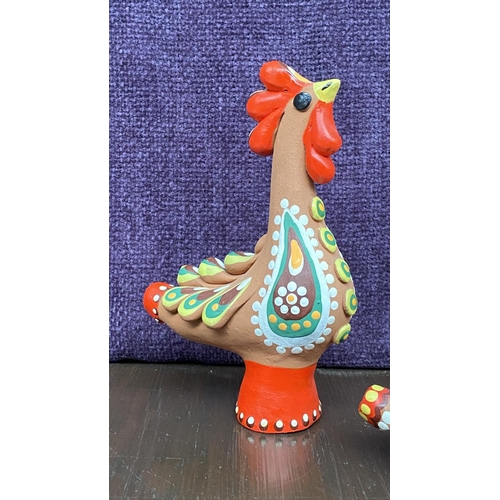 79 - x3 Vintage 'Dymkovo' Hand Painted Clay  Rooster Chicken and Bird Whistle Figurines Signed Traditiona... 