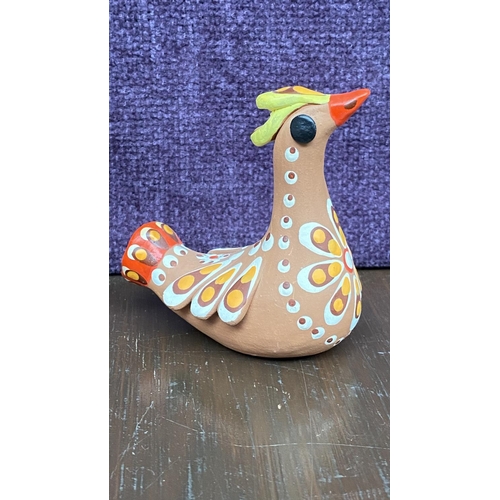 79 - x3 Vintage 'Dymkovo' Hand Painted Clay  Rooster Chicken and Bird Whistle Figurines Signed Traditiona... 