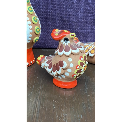 79 - x3 Vintage 'Dymkovo' Hand Painted Clay  Rooster Chicken and Bird Whistle Figurines Signed Traditiona... 