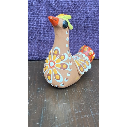 79 - x3 Vintage 'Dymkovo' Hand Painted Clay  Rooster Chicken and Bird Whistle Figurines Signed Traditiona... 