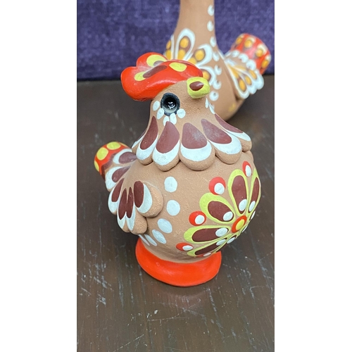 79 - x3 Vintage 'Dymkovo' Hand Painted Clay  Rooster Chicken and Bird Whistle Figurines Signed Traditiona... 