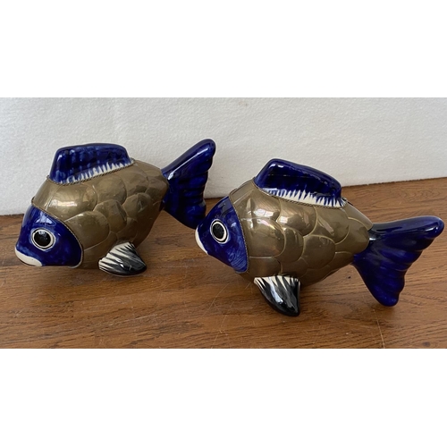 165 - x2 Vintage Blue Mexican Ceramic Pottery and Brass Folk Art Fish Figures