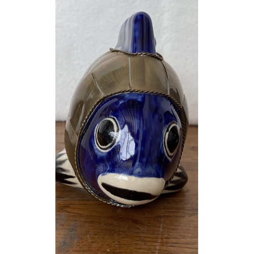 165 - x2 Vintage Blue Mexican Ceramic Pottery and Brass Folk Art Fish Figures