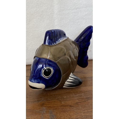 165 - x2 Vintage Blue Mexican Ceramic Pottery and Brass Folk Art Fish Figures