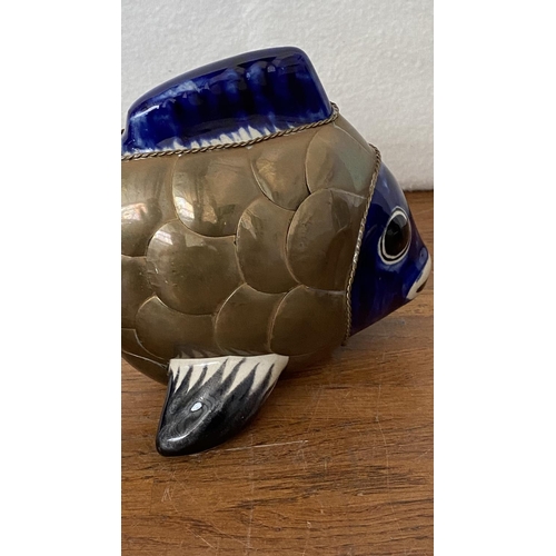 165 - x2 Vintage Blue Mexican Ceramic Pottery and Brass Folk Art Fish Figures