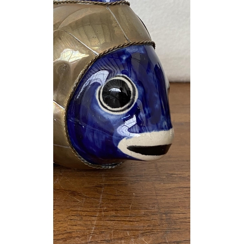 165 - x2 Vintage Blue Mexican Ceramic Pottery and Brass Folk Art Fish Figures