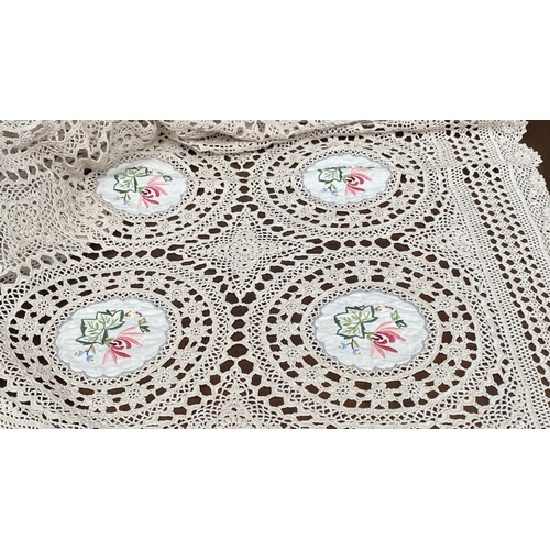 308 - Large Vintage Crochet Tablecloth with Colorful Floral Embroidery French Country/Farmhouse Style Toge... 