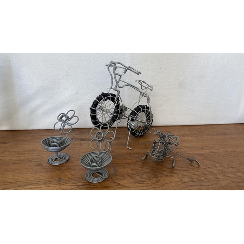 355 - Metal Wire Handmade Folk Art Bicycle, Helicopter and x2 Candle Holders Ornaments