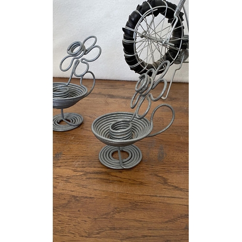 355 - Metal Wire Handmade Folk Art Bicycle, Helicopter and x2 Candle Holders Ornaments