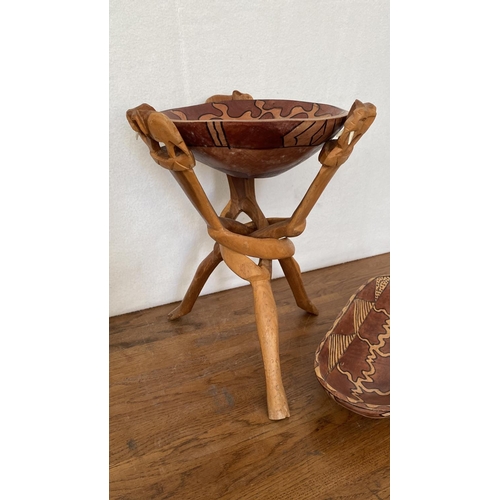 87 - African Hand Carved Wooden Salad Bowl on Folding Tripod 'Elephant' Stand and Hand Painted Wooden Ova... 