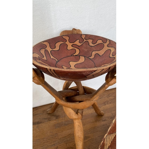 87 - African Hand Carved Wooden Salad Bowl on Folding Tripod 'Elephant' Stand and Hand Painted Wooden Ova... 