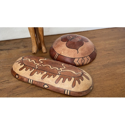 87 - African Hand Carved Wooden Salad Bowl on Folding Tripod 'Elephant' Stand and Hand Painted Wooden Ova... 