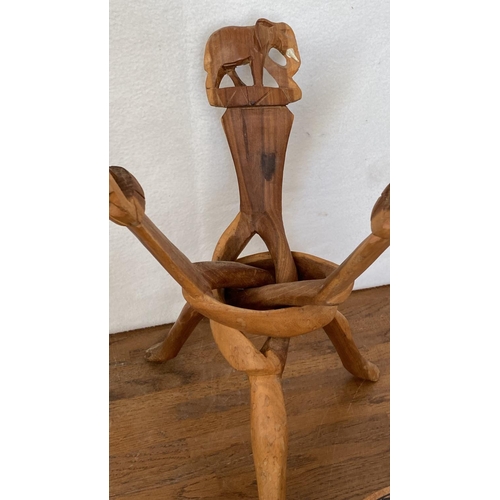 87 - African Hand Carved Wooden Salad Bowl on Folding Tripod 'Elephant' Stand and Hand Painted Wooden Ova... 