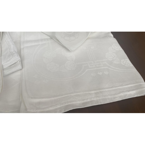 323 - x2 Old Linen White Rectangular and Square Tablecloths (x1 Damask) and x19 White Napkins