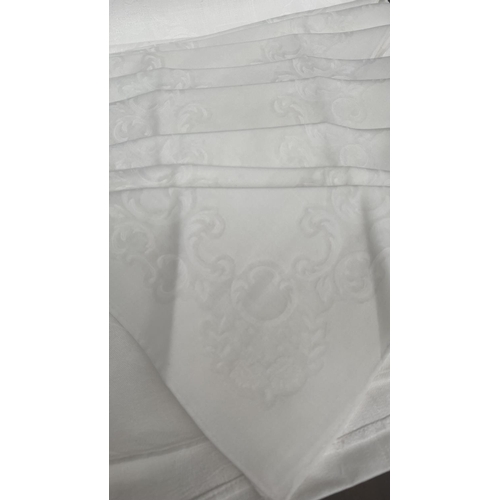 323 - x2 Old Linen White Rectangular and Square Tablecloths (x1 Damask) and x19 White Napkins