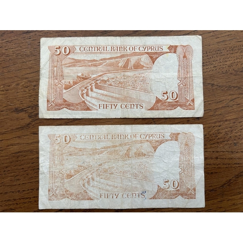 221 - x2 Central Bank of Cyprus 1988/1989 50 Cent Banknotes