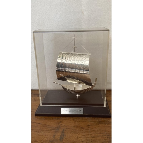 25 - Decorative Silver Plated Model of Boat 'Ship of Kyrenia' on Wooden Base with Plexiglass Cover (Appr.... 