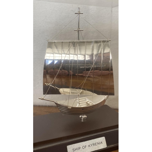 25 - Decorative Silver Plated Model of Boat 'Ship of Kyrenia' on Wooden Base with Plexiglass Cover (Appr.... 