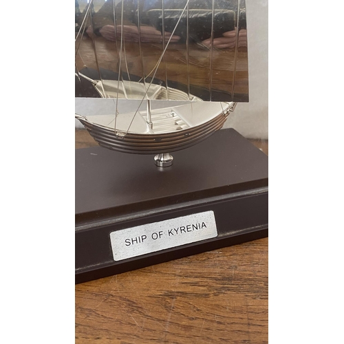 25 - Decorative Silver Plated Model of Boat 'Ship of Kyrenia' on Wooden Base with Plexiglass Cover (Appr.... 