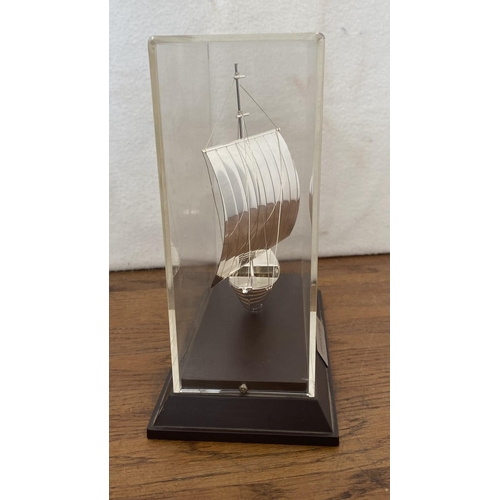 25 - Decorative Silver Plated Model of Boat 'Ship of Kyrenia' on Wooden Base with Plexiglass Cover (Appr.... 