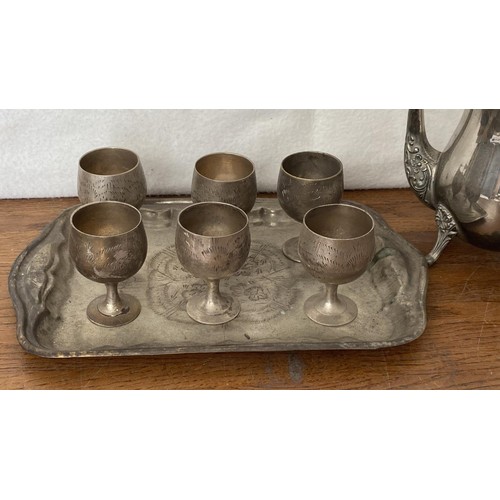 352 - Set of 6 Vintage Metal Goblets and Tea Pot on Tray