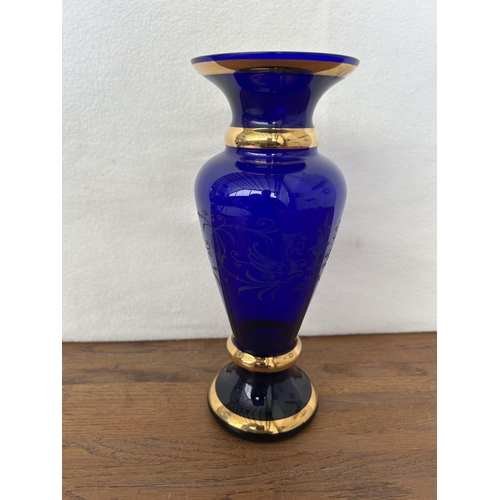 1 - Vintage Vase Cobalt Blue Bohemia Crystal with Engraving Gilding. Hand Made From 1970s (25cm H.)