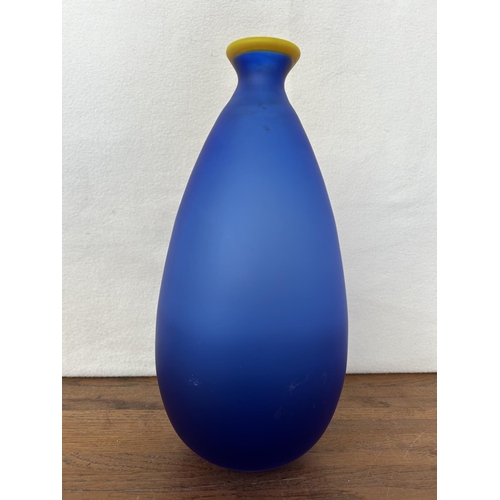 104 - Hand Made Cobalt Glass Frosted Satin Swiss Vase (30cm H.)