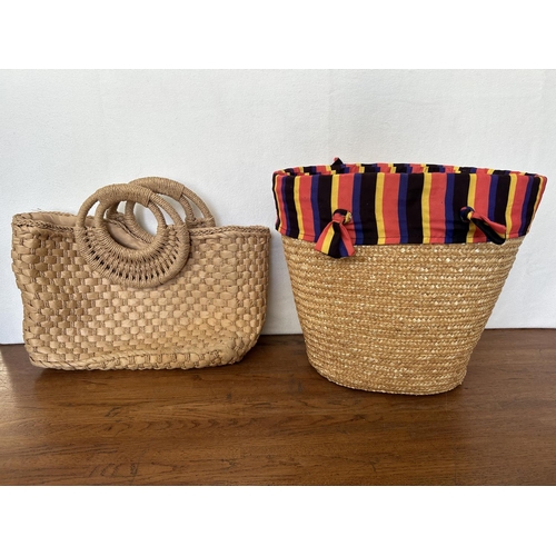 11 - Woven Basket with Rope Handles Together with a Hand Woven Straw Summer Bag with Wood Round Top Handl... 