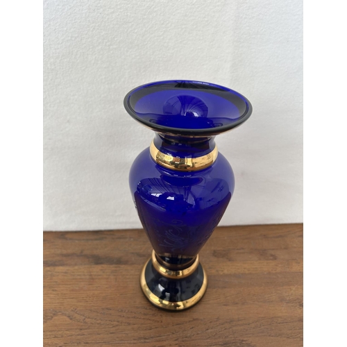 1 - Vintage Vase Cobalt Blue Bohemia Crystal with Engraving Gilding. Hand Made From 1970s (25cm H.)