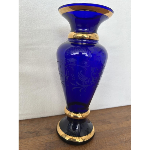 1 - Vintage Vase Cobalt Blue Bohemia Crystal with Engraving Gilding. Hand Made From 1970s (25cm H.)