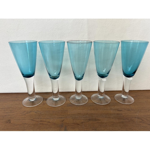 199 - Set of 5 Blue Wine Glasses with Thick Clear Stem