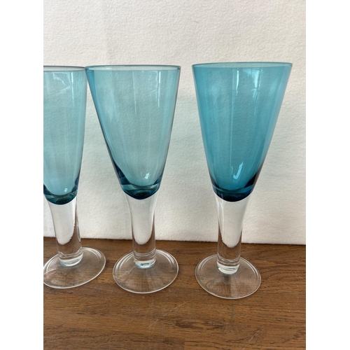 199 - Set of 5 Blue Wine Glasses with Thick Clear Stem