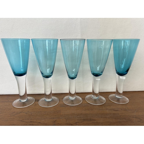 199 - Set of 5 Blue Wine Glasses with Thick Clear Stem