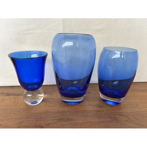 211 - x3 Hand Blown Art Vases ,Cobalt Blue with Statement Clear Base